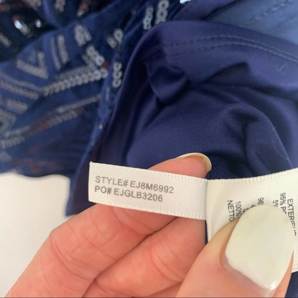 Eliza J Sequin Velvet Sheath Dress Navy High Neck Short Sleeve Mini Size 6 - Picture 12 of 12